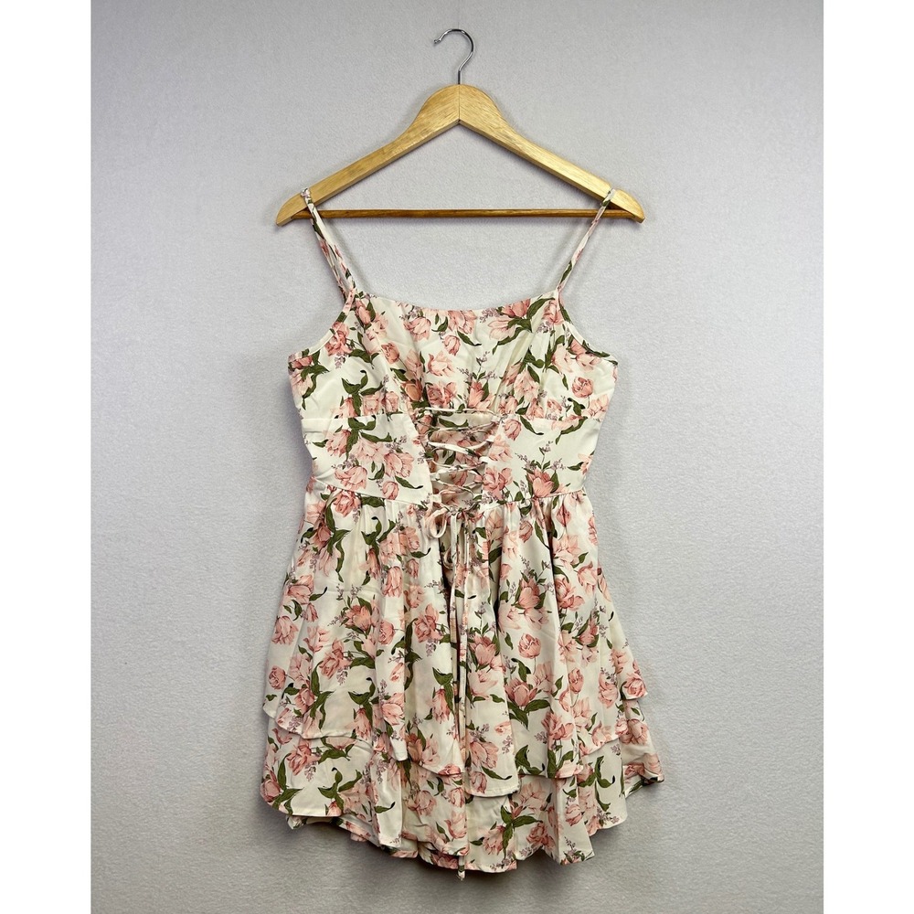 SHEIN MOD Floral Print Lace Up Ruffle Hem Mini Dress Women's‎ Size L